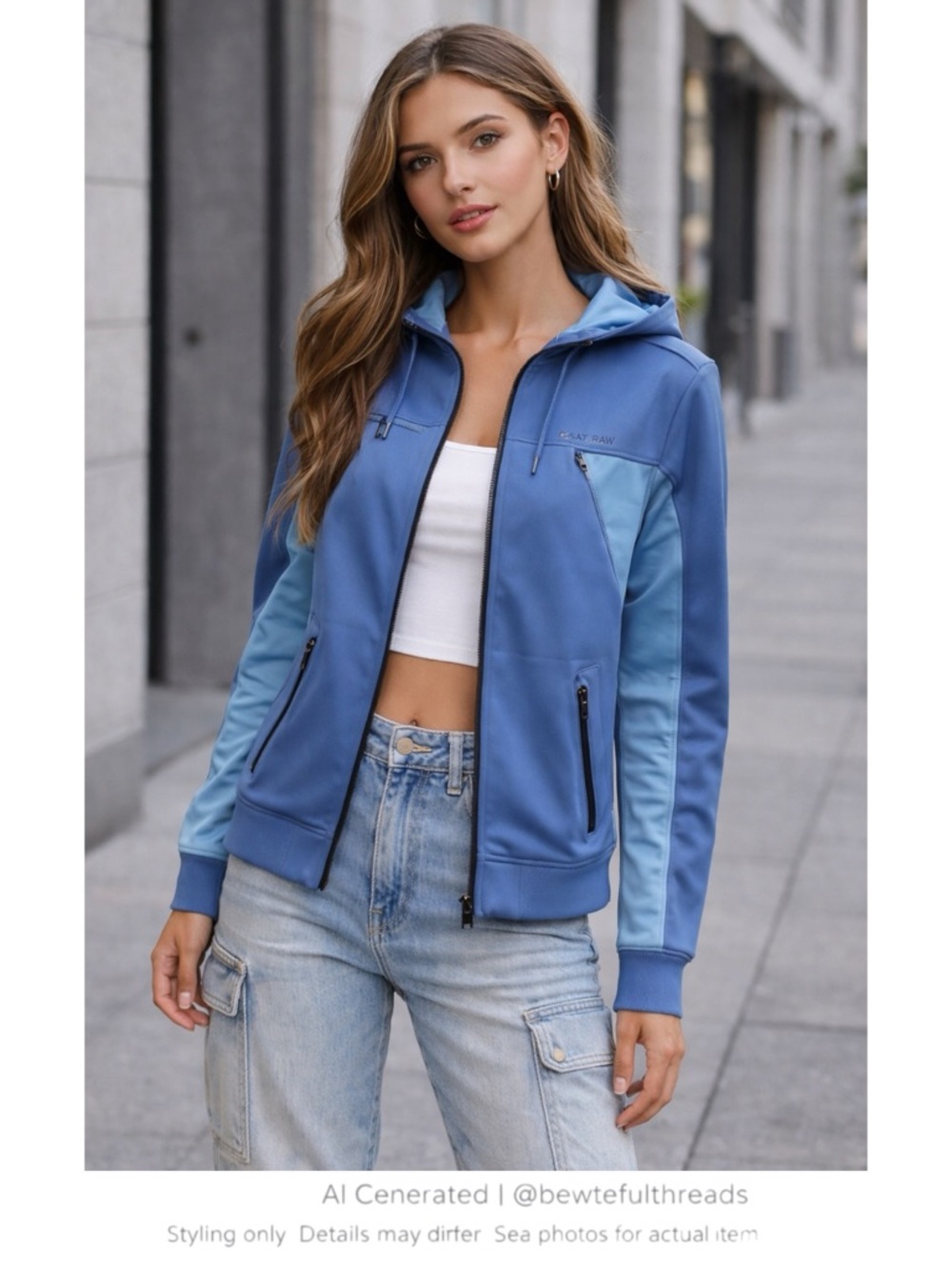 Blue Techwear Zip Hoodie Jacket Y2K Streetwear Oversized Women M